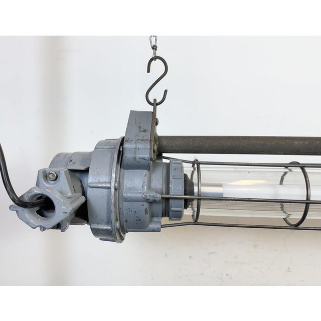 Industrial Large Soviet Industrial Grey Hanging Tube Light, 1970s For Sale - Image 3 of 18