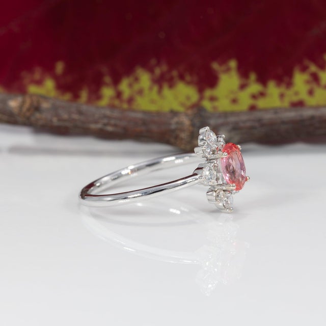 Aaa Padparadscha Sapphire Ring With Natural Diamonds: Solid 14k Gold, Oval 6x4mm, Size 6.75 For Sale In Columbus - Image 6 of 9