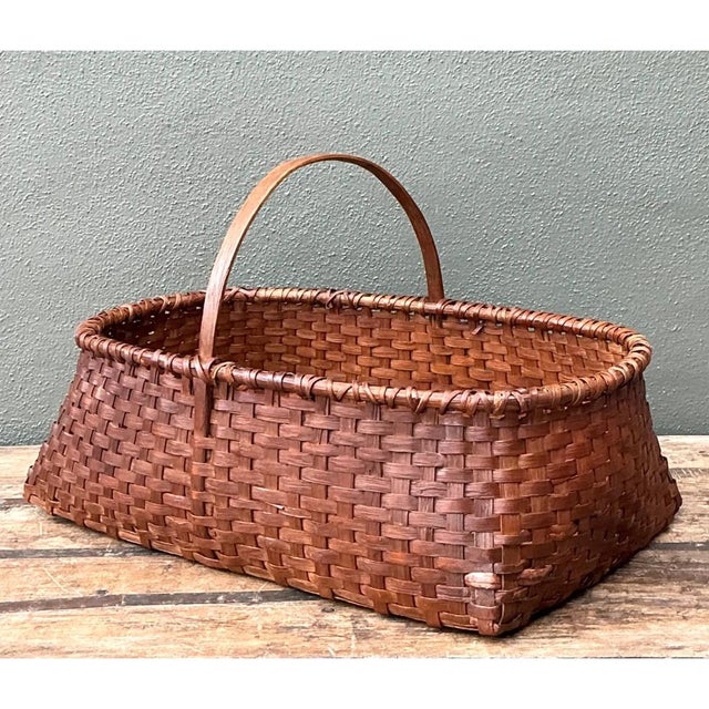 Brown Vintage Woven Rattan Shaker Basket With Handle For Sale - Image 8 of 12