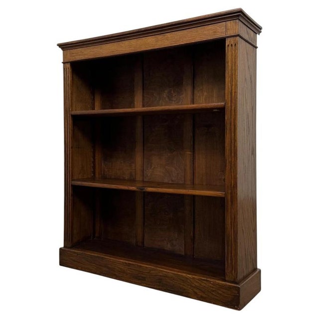 Antique Early 20th Century English Edwardian Oak Open Bookcase For Sale - Image 5 of 11