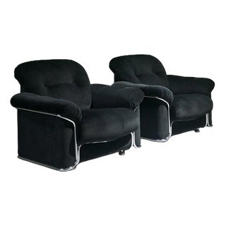 Lounge Chairs in Chromed Steel and Black Corduroy Fabric, Italy, Set of 2 For Sale