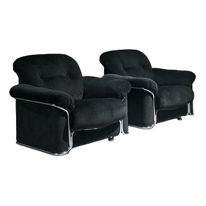 Lounge Chairs in Chromed Steel and Black Corduroy Fabric, Italy, Set of 2 For Sale