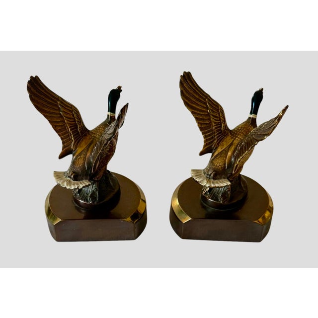 ​Mid 20th Century Solid Brass Mallard Ducks in Flight Bookends Attributed to Pm Craftsman - A Pair For Sale - Image 4 of 12