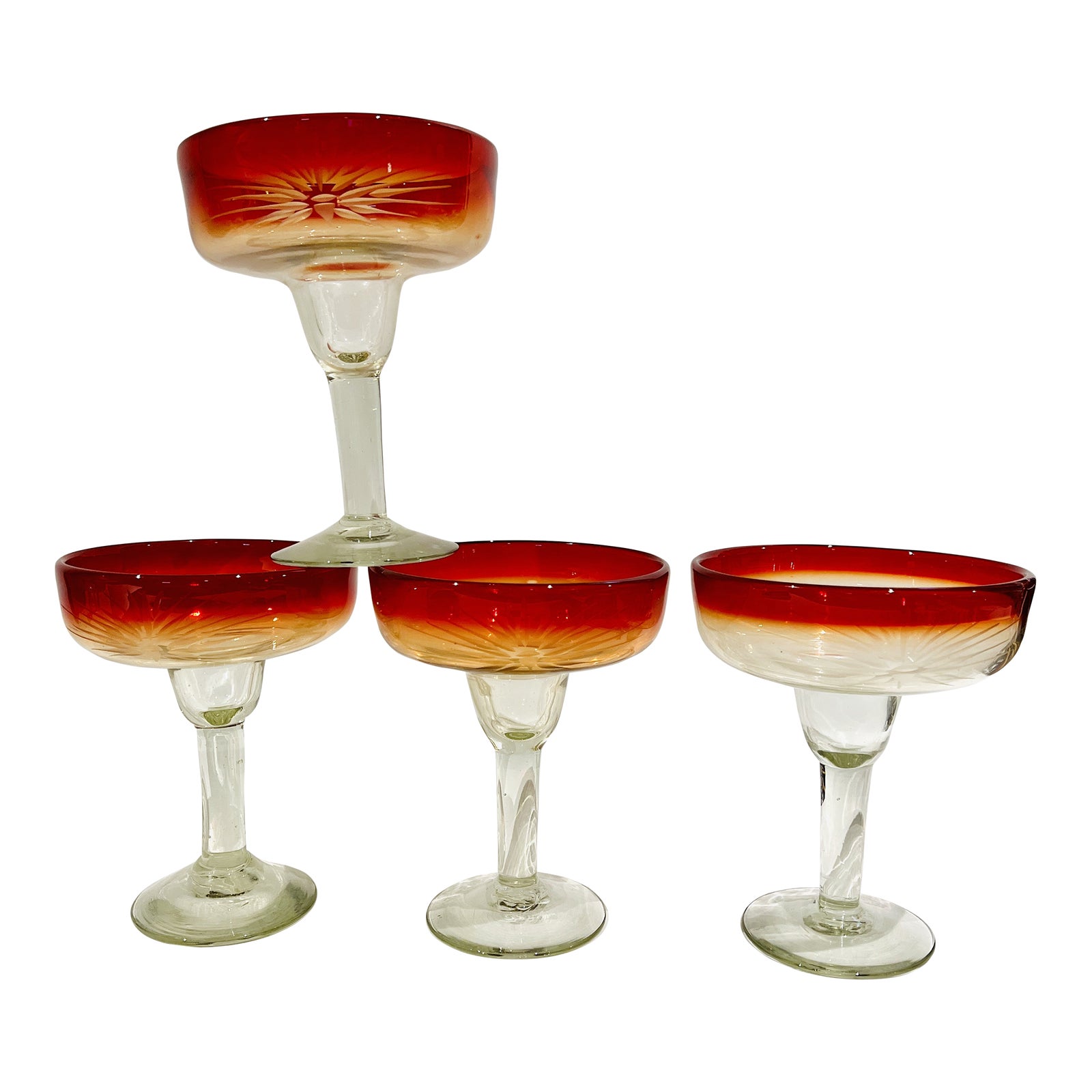 Set of 4 Vintage Amberina Sunset Hand Blown Glasses Mexican Margarita