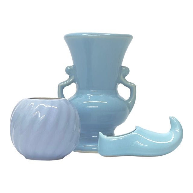 1980s Baby Blue Small Ceramic Vase Curation - Group of 3 For Sale