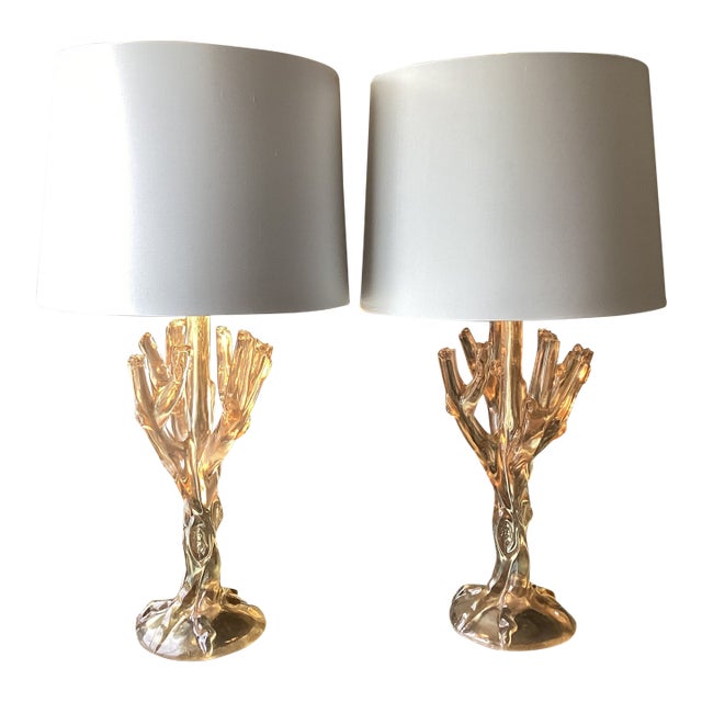 Late 20th Century Smoked Lucite Faux Bois Lamps With Silk Drum Shades - a Pair For Sale