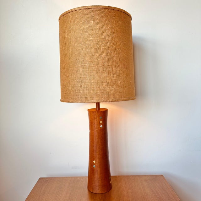 Rare Turned Teak and Ceramic Martz Dots Lamp With Shade For Sale In Buffalo - Image 6 of 7