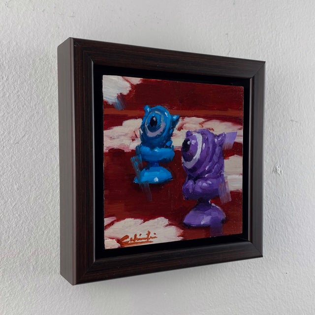 Contemporary Little Aliens by Calvin Lai | Oil on canvas and wood panel Two colorful alien figurines on a red background For Sale - Image 3 of 3