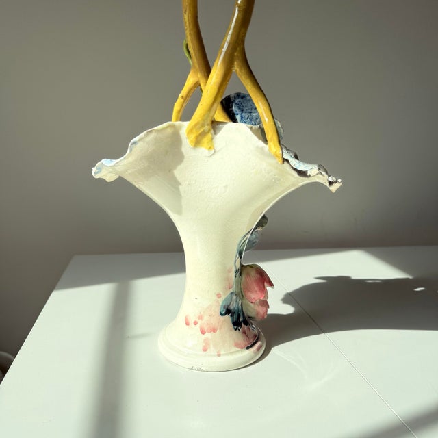 Mid 20th Century Italian Majolica Hand Painted Floral and Tulip Basket Vase For Sale - Image 12 of 12