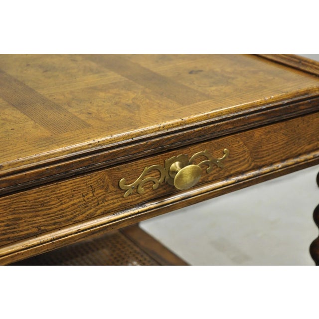 Vintage Baker Barley Twist Oak & Burlwood Parquetry Inlay Square Lamp Side Table For Sale In Philadelphia - Image 6 of 14