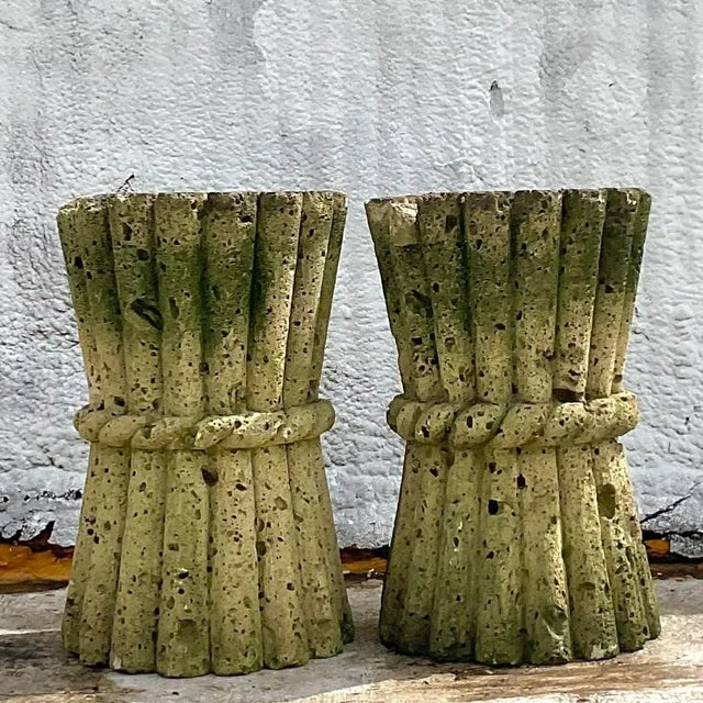 Boho Chic Mid 20th Century Vintage Boho Cut Coquina Stone Bamboo Table Pedestals - a Pair For Sale - Image 3 of 9