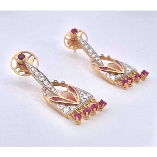Masriera Diamond Ruby Enamel Chandelier Drop Earrings, A Pair For Sale - Image 4 of 12