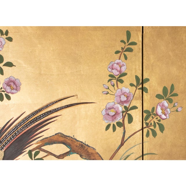 "Small Flowers and Golden Pheasant" by Kokei, Heisei Era Japanese Gold Leaf Style Painted Byobu Screen For Sale - Image 9 of 18