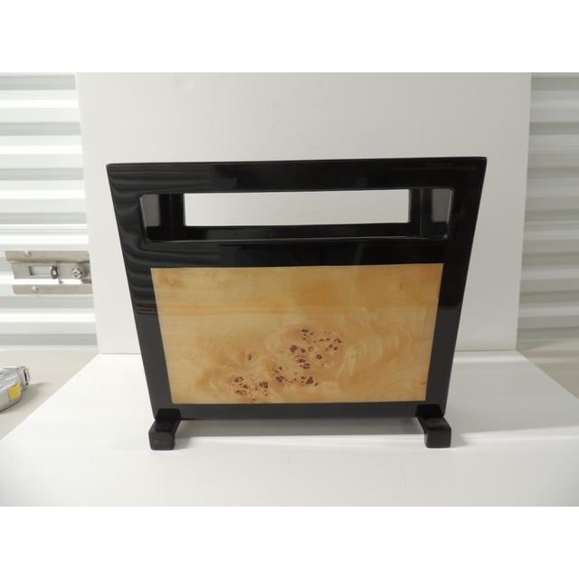 Art Deco Revival Black Lacquered Mappa Burl Walnut Magazine Stand. Hand-crafted in the USA. Size: 13"H x 14"W x 7"D