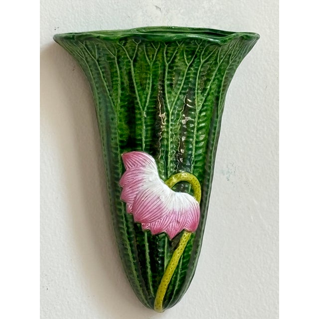 1950s Japanese Lotus Flower Ceramic Majolica Wall Pocket For Sale - Image 11 of 11