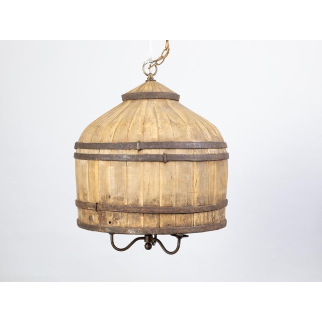 Vintage English Rustic Wooden Barrel Light Fixture with Three Scrolling Arms For Sale - Image 4 of 10
