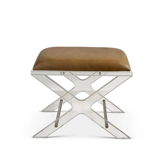 Uber chic clear lucite X shaped accent upholstery--our Delano Bench is the perfect vanity stool and/or designer accent...