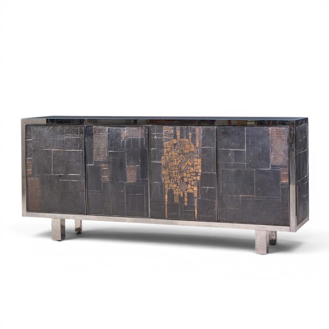 Mid-Century Modern Pia Manu Brutalist Mid Century Steel, Chrome and Glass Credenza For Sale - Image 3 of 10