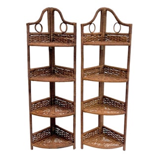 Vintage 1980s Woven Rattan Folding Corner Shelving Units – Pair | Boho Coastal Étageres For Sale