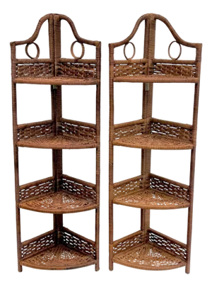 Vintage 1980s Woven Rattan Folding Corner Shelving Units – Pair | Boho Coastal Étageres