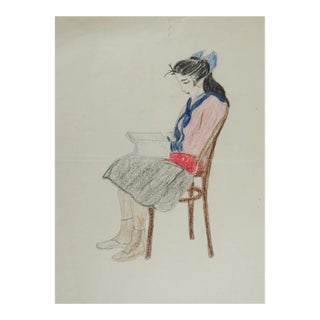 Vintage 1920s Portrait Drawing of School Girl For Sale