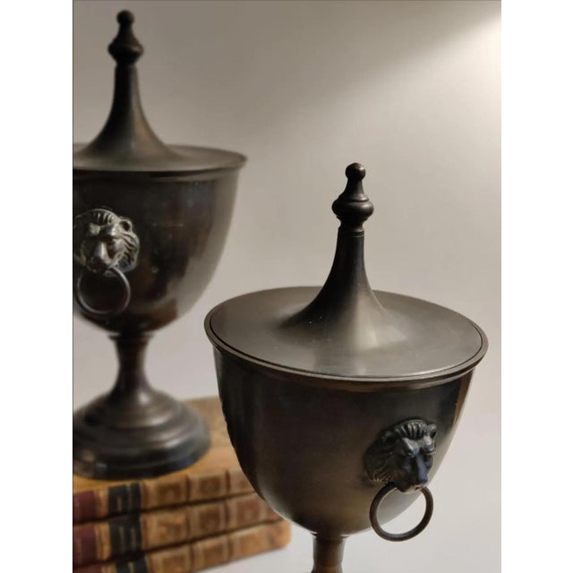 French Vintage Regency Style Chestnut Urn With Lion Head Ring Handles ~ a Pair For Sale - Image 3 of 7