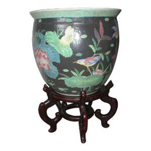 1940s Chinese Jardiniere Hand-Painted Porcelain Koi Fish Planter & Stand