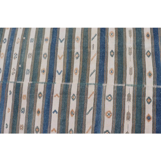 Blue Vintage Turkish Cotton Kilim Rug With Teal, Blue, Cream, and Beige Stripes 4'6"x16'4" For Sale - Image 8 of 10