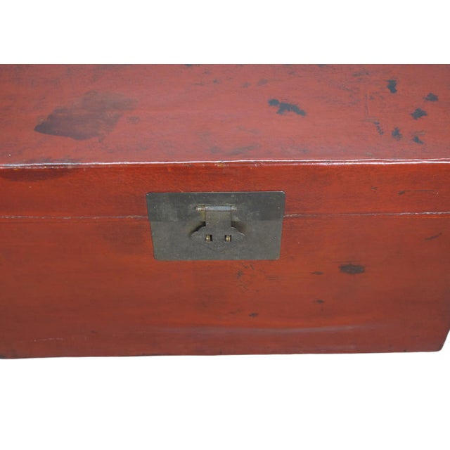 Early 20th Century Red 31" Inch Long Antique Red Leather Accent Trunk Table For Sale - Image 5 of 12