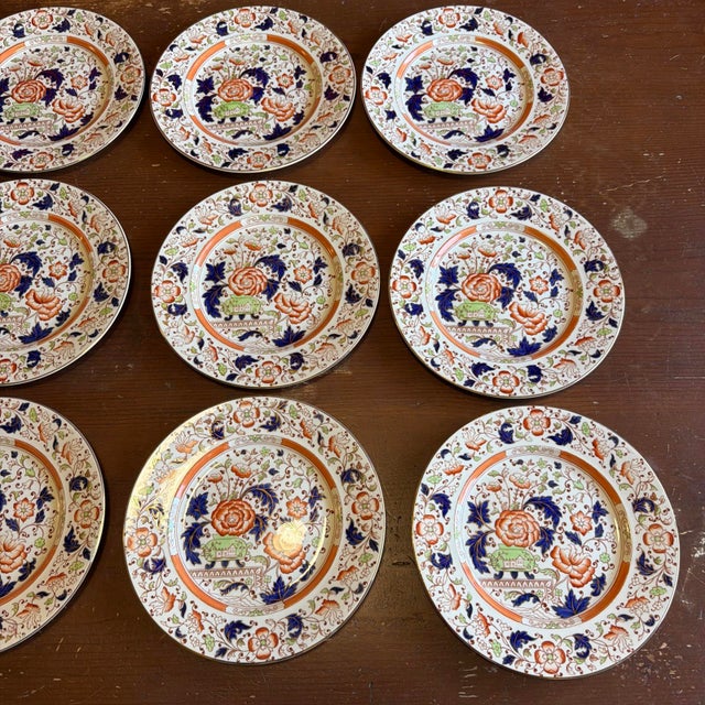 Chinoiserie Set of 12 Vintage Imari Chinoiserie Luncheon Plates, Burleigh Ware, England, 9" For Sale - Image 3 of 18