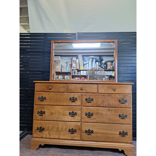 1970s Baumritter Ethan Allen Maple 9 Drawer Dresser With Matching Mirror For Sale In Mobile - Image 6 of 12
