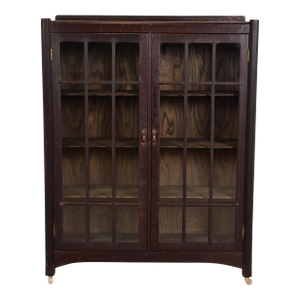 Stickley Brothers Style Antique Mission Oak Arts & Crafts Glass Front Double Bookcase Cabinet, Circa 1900