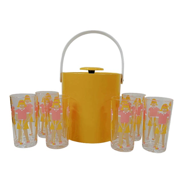 1980's Acrylic Highball Golf Glasses & Ice Bucket Set- 7 Pieces For Sale