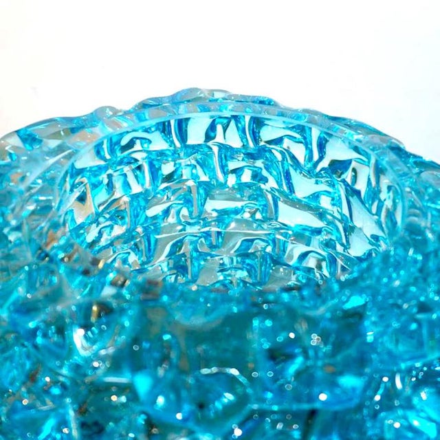 1980s Pair of Art Deco Style Italian Aquamarine Murano Glass Centerpiece Vases For Sale - Image 5 of 10