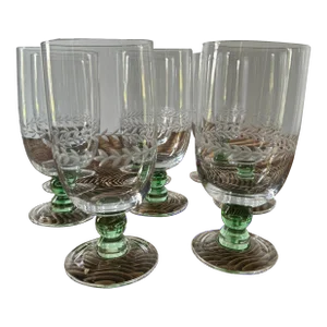 Set of 8 Portmeirion “Options” Etched Water Glasses With Green Glass Accent