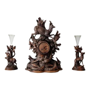 Large Antique Black Forest Carved Mantle Clock Garniture Set - Set of 3