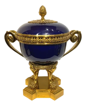 Antique Sevres-Style Gilt Bronze & Cobalt Blue Centerpiece Dish