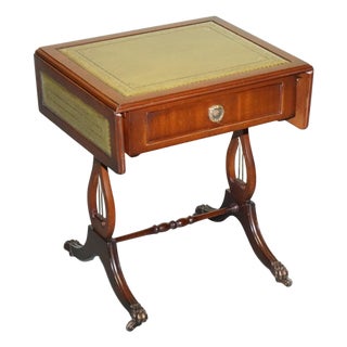 Regency Style Hardwood Side Table with Green Leather Inset Top and Drop Leaves For Sale