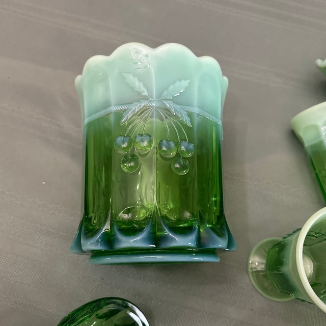 1940s Mosser Green Opalescent Cherry Thumbprint Cookie Jar & Pitcher W/4 Goblets 6-Piece For Sale - Image 11 of 11