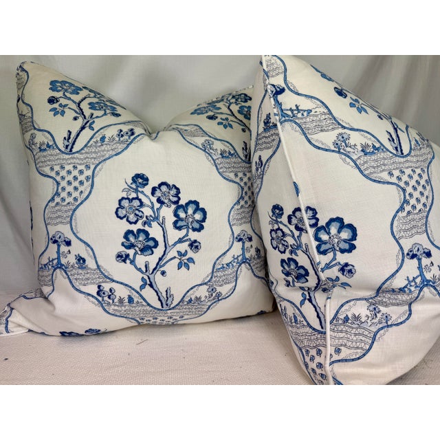 Custom pair of 22" pillows covered in Schumacher "Marella" in color delft linen fabric. These pillows are self welted,...