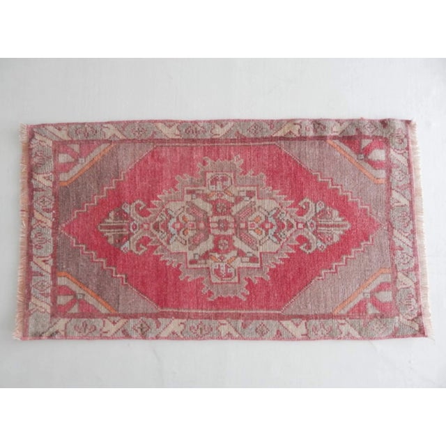 Textile Distressed Low Pile Small Turkish Hand Knotted Yastik Rug 1′10″ × 3′3″ For Sale - Image 7 of 7