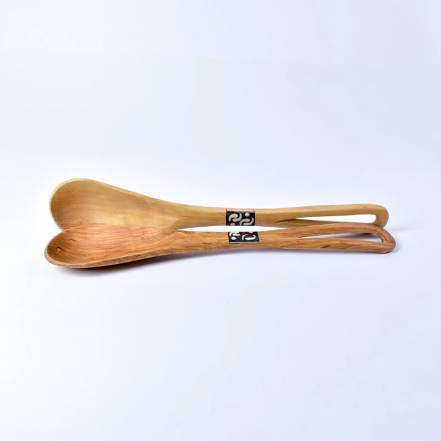 Early 21st Century Olivewood Serving Spoon Set With Bone Inlay Kenya For Sale - Image 4 of 12