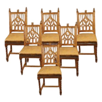 Set of 6 Antique French Gothic Style Hand-Carved Walnut Side Chairs, Circa 1880 For Sale