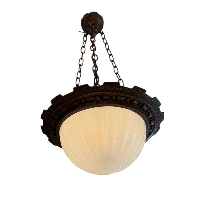 Metal Antique Hammered Bronze Chandelier With Moonstone Cast Glass Dome For Sale - Image 7 of 8