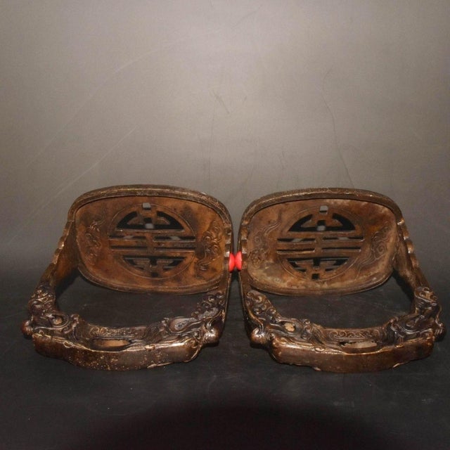 Metal Pair of Antique Bronze Stirrups With Dragon Motif and Gemstone Inlays, 1.6kg For Sale - Image 7 of 9