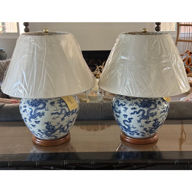 Chinoiserie Ralph Lauren Blue and White Dragon Porcelain New Table Lamps - Pair For Sale - Image 3 of 10