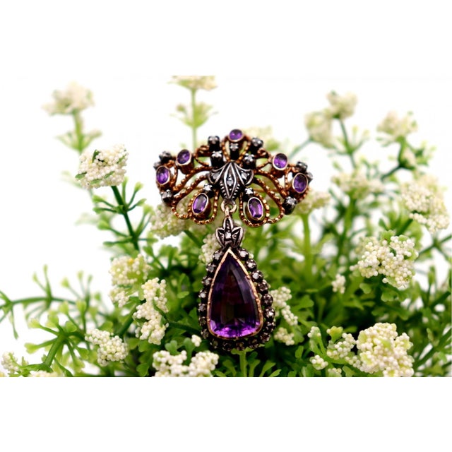 Gold and Silver Brooch with Diamond and Amethyst Chips For Sale - Image 6 of 7
