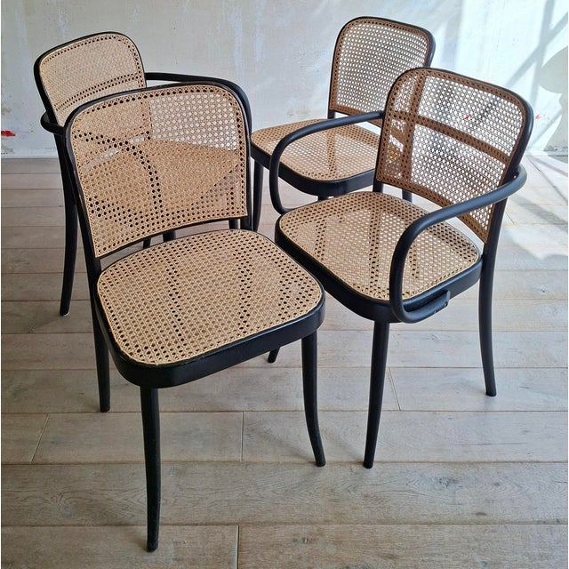 The no. 811 chair (also called Prague chair) was designed by Josef Hoffmann for Thonet in the 1920s. This set of chairs (2...