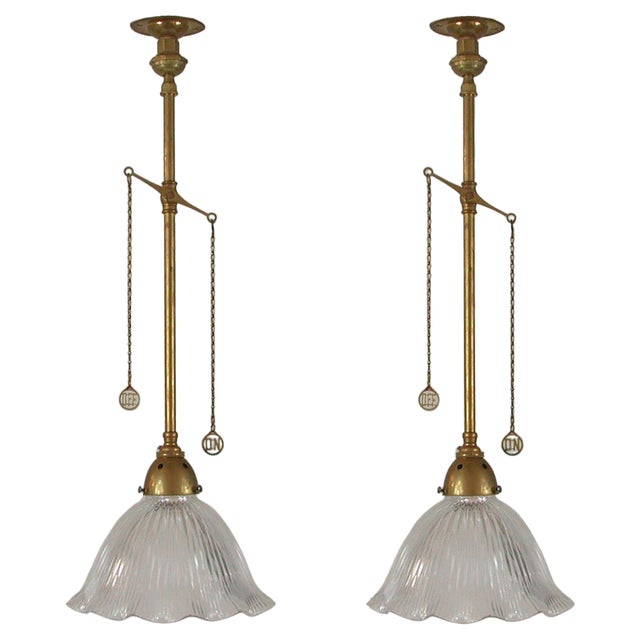 Art Deco Holophane Glass and Aged Brass Pendants, 1920s, Set of 2 For Sale