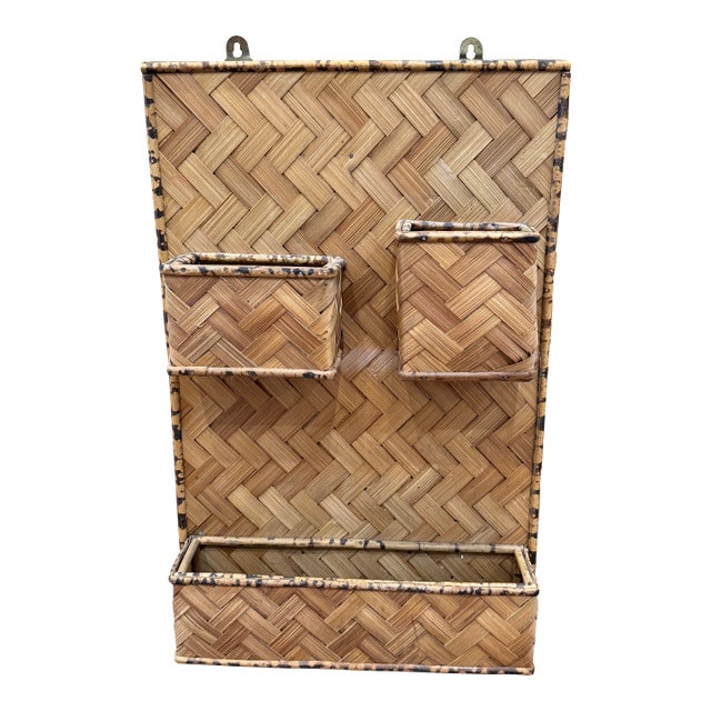 Vintage Woven Rattan Tortoise Bamboo Wall Organizer For Sale